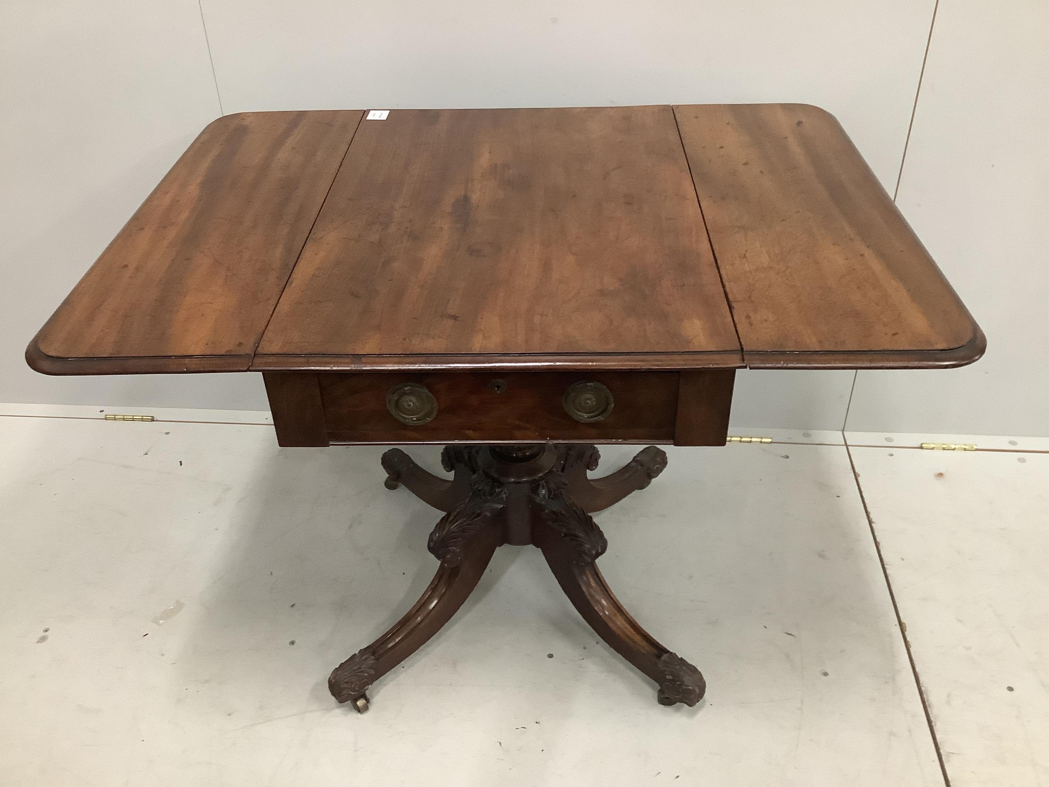 A small late Regency mahogany Pembroke table, width 76cm, depth 52cm, height 74cm. Condition - fair to good